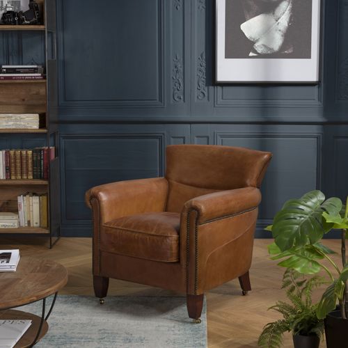 Fauteuil Club Vintage GASTON Marron Effet Vieilli - Assise Moelleuse - Dimensions 85x80x84 Cm - Montage Facile - 3