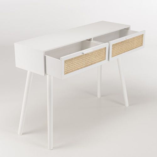 Sandro - Console Blanche 2 Tiroirs Cannage Naturel Et Bois Blanc