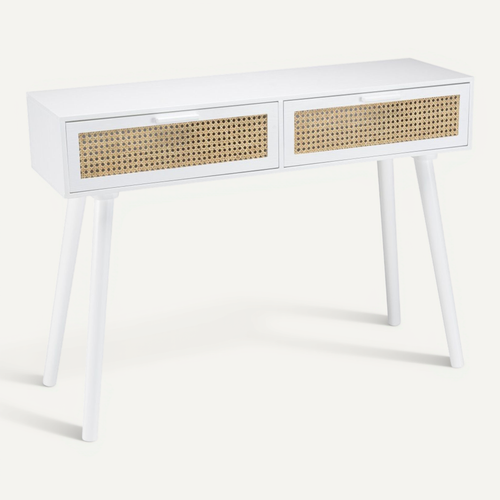 Sandro - Console Blanche 2 Tiroirs Cannage Naturel Et Bois Blanc