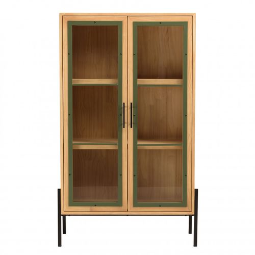 Haby - Vaisselier 2 Portes Vitrées Encadrement Vert Pin Et Métal Noir