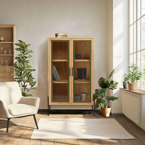 Haby - Vaisselier 2 Portes Vitrées Encadrement Vert Pin Et Métal Noir