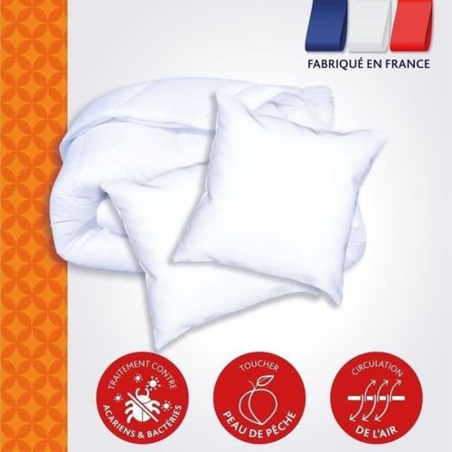 Pack Couette Chaude 220x240 Cm + 2 Oreillers 60x60 Cm - Anti-acariens, Blanc