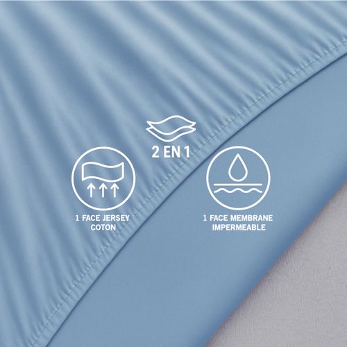Drap Housse 2 En 1 - Alèse Imperméable Intégrée - Coloris Givre 160 X 200 Cm Bleu Clair