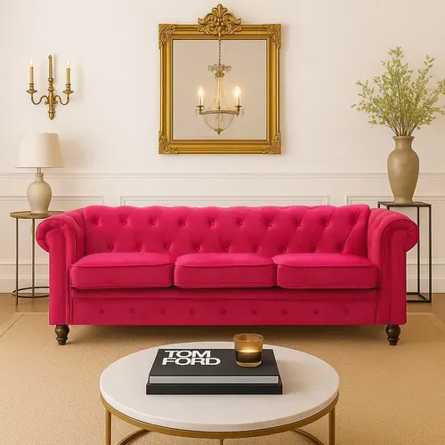 Grand Canapé 3 Places Chesterfield Velours Rouge