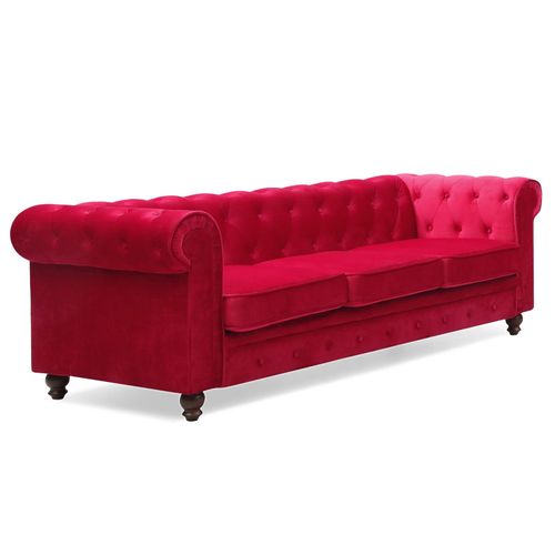 Grand Canapé 3 Places Chesterfield Velours Rouge
