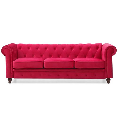 Grand Canapé 3 Places Chesterfield Velours Rouge