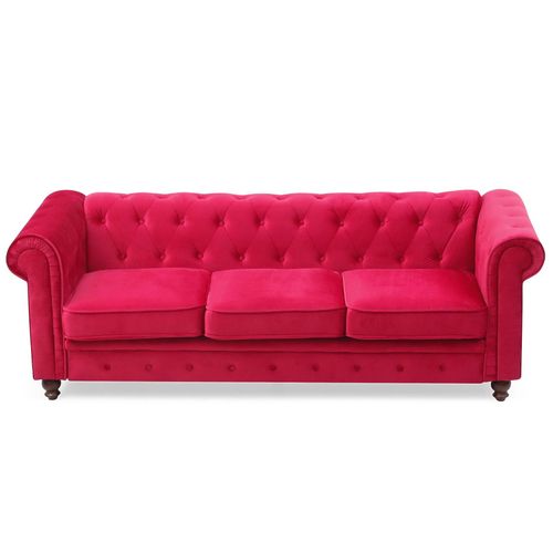 Grand Canapé 3 Places Chesterfield Velours Rouge