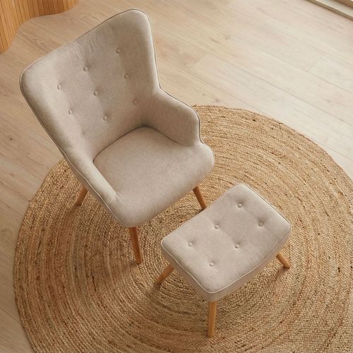 Fauteuil Scandinave + Pouf Lylou Tissu Beige