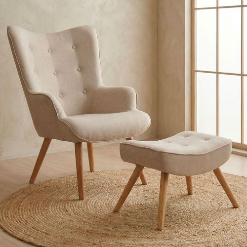 Fauteuil Scandinave + Pouf Lylou Tissu Beige