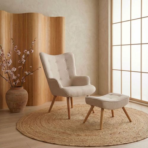 Fauteuil Scandinave + Pouf Lylou Tissu Beige