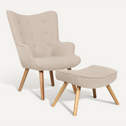 Fauteuil Scandinave + Pouf Lylou Tissu Beige