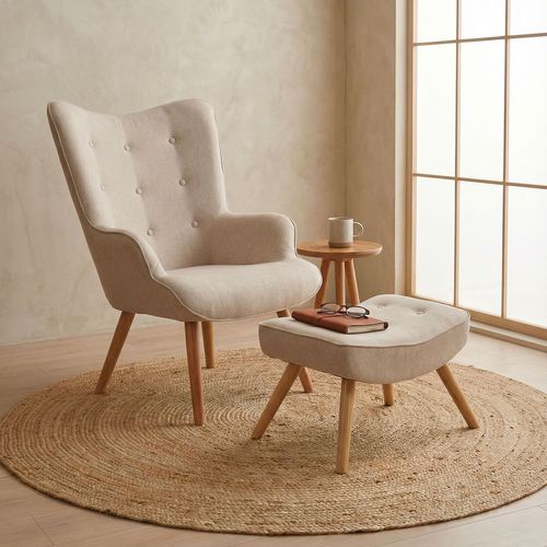 Fauteuil Scandinave + Pouf Lylou Tissu Beige