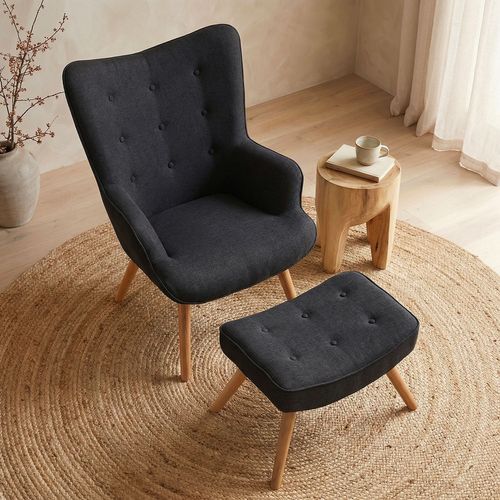 Fauteuil Scandinave + Pouf Lylou Tissu Noir