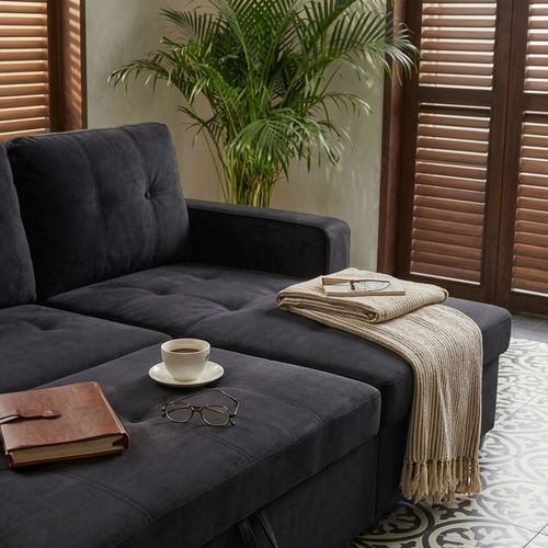 Canapé D'angle Convertible Moderne Delacroix Velours Noir