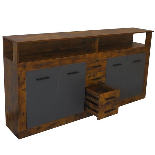 Buffet Style Industriel L190cm 4 Portes Er 4 Tiroirs Lunata Bois Foncé Et Gris