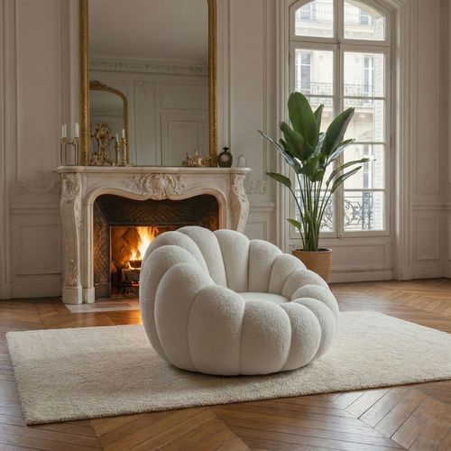 Fauteuil Design Coquillage Arielina Tissu Bouclette Blanc