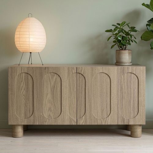 Petit Buffet Rétro-moderne Avec Portes Sculptées Durand L80cm Chêne Grisé