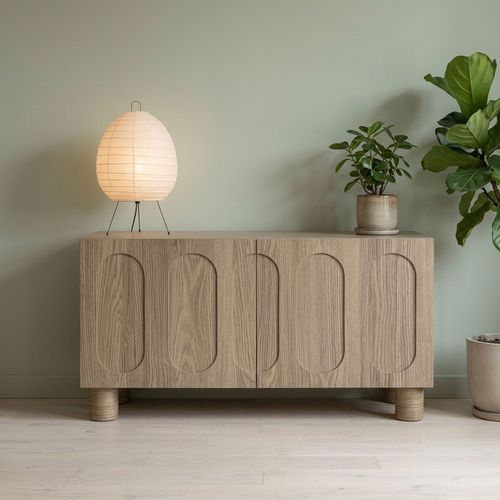 Petit Buffet Rétro-moderne Avec Portes Sculptées Durand L80cm Chêne Grisé