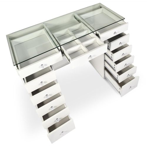 Coiffeuse Moderne Avec 13 Tiroirs Et Plateau En Verre Transparent L120cm - Blanc