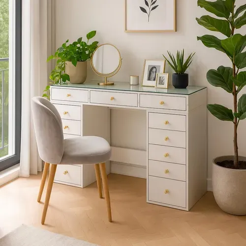 Coiffeuse Moderne Avec 13 Tiroirs Et Plateau En Verre Transparent L120cm - Blanc