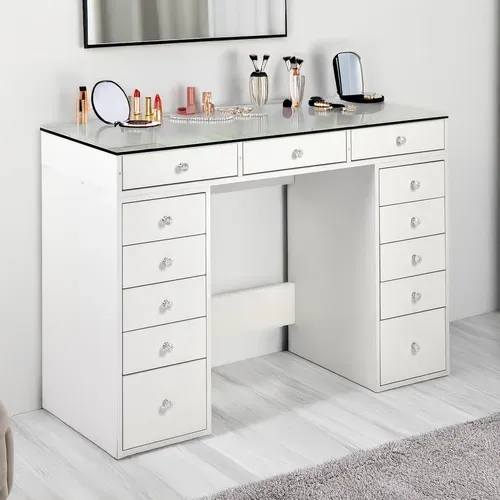 Coiffeuse Moderne Avec 13 Tiroirs Et Plateau En Verre Transparent L120cm - Blanc