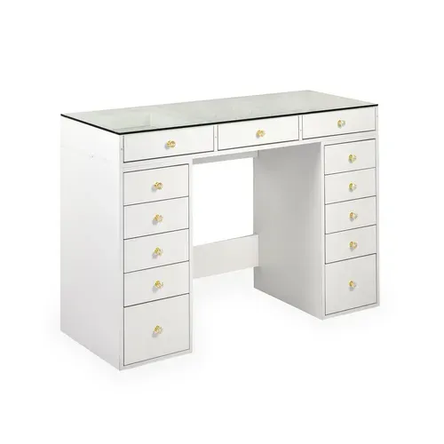 Coiffeuse Moderne Avec 13 Tiroirs Et Plateau En Verre Transparent L120cm - Blanc