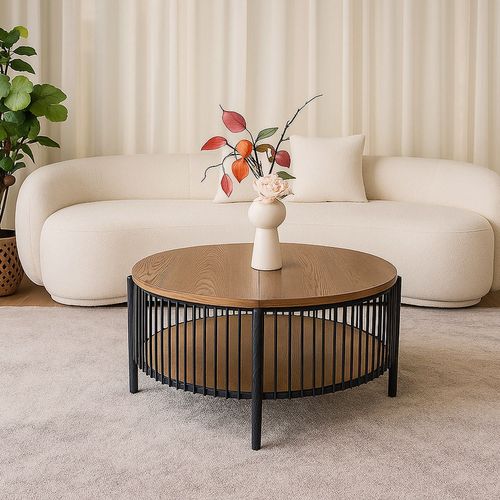 Table Basse Ronde Avec Rangement L84cm Curcuma Bois Et Métal Mareté Noir