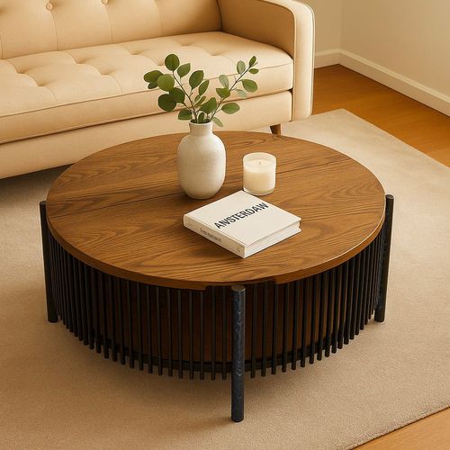 Table Basse Ronde Avec Rangement L84cm Curcuma Bois Et Métal Mareté Noir