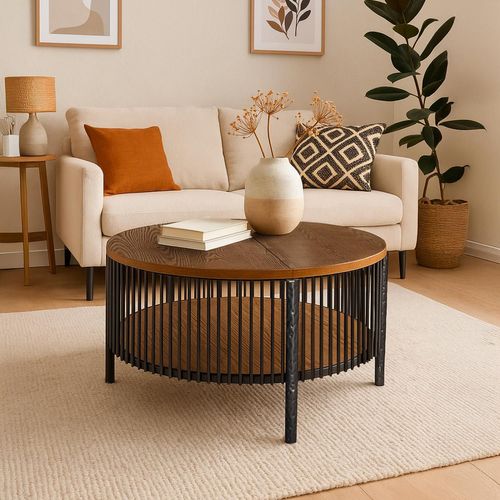 Table Basse Ronde Avec Rangement L84cm Curcuma Bois Et Métal Mareté Noir
