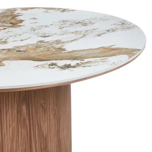 Table Ronde Moderne 120cm églantine Céramique Effet Marbre Blanc Et Pied Colonne Strié