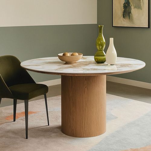 Table Ronde Moderne 120cm églantine Céramique Effet Marbre Blanc Et Pied Colonne Strié