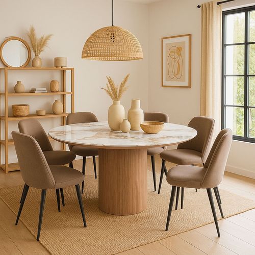 Table Ronde Moderne 120cm églantine Céramique Effet Marbre Blanc Et Pied Colonne Strié