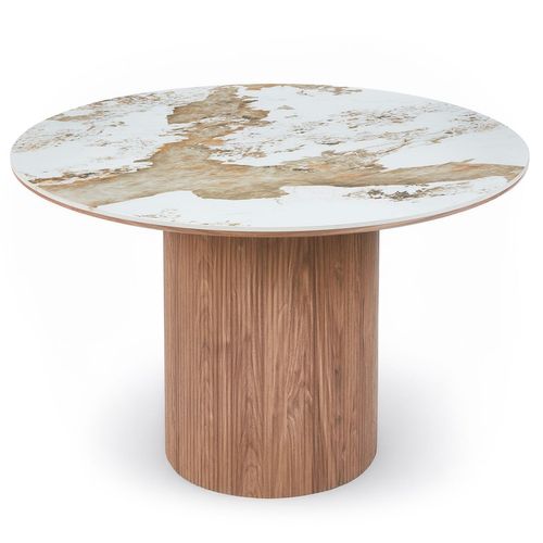 Table Ronde Moderne 120cm églantine Céramique Effet Marbre Blanc Et Pied Colonne Strié