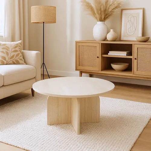 Table Basse Ronde élégante 80cm Calyptus Effet Travertin Beige