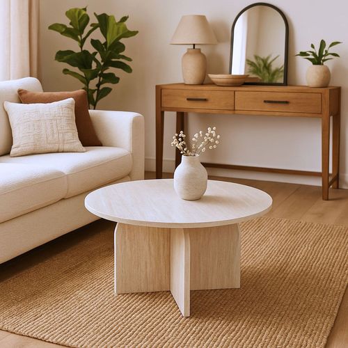 Table Basse Ronde élégante 80cm Calyptus Effet Travertin Beige