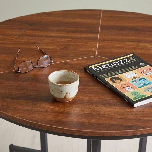 Table Ronde Pliable Gain De Place Cokelio 120cm Métal Et Plateau 3 Parties Bois Noisette