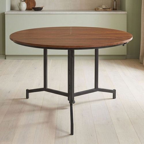 Table Ronde Pliable Gain De Place Cokelio 120cm Métal Et Plateau 3 Parties Bois Noisette