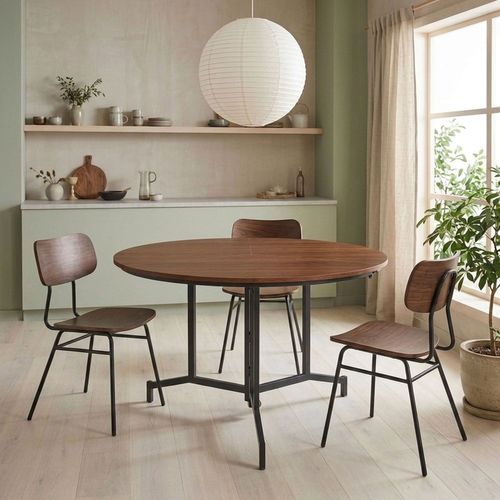 Table Ronde Pliable Gain De Place Cokelio 120cm Métal Et Plateau 3 Parties Bois Noisette