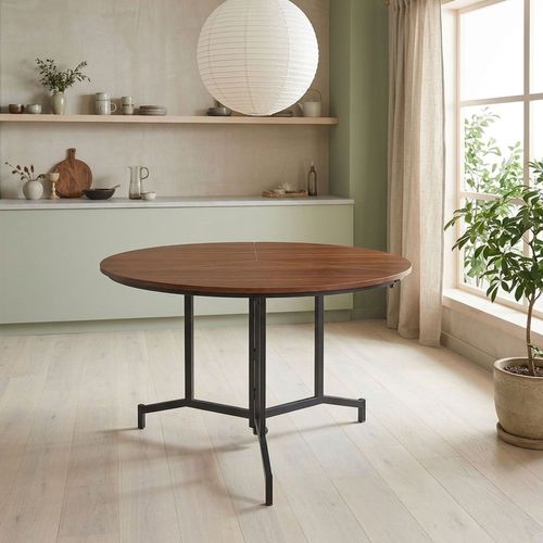 Table Ronde Pliable Gain De Place Cokelio 120cm Métal Et Plateau 3 Parties Bois Noisette