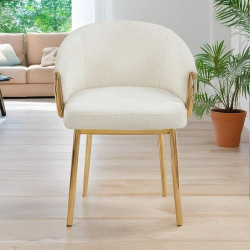Lot De 6 Chaises Arrondies Et Matelassées Patricia Métal Doré Et Tissu Beige