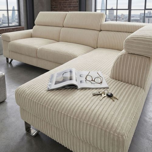 Canapé D'angle à Droite Avec Têtières Relevables Quentin Velours Côtelé Beige
