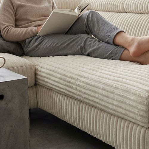 Canapé D'angle à Droite Avec Têtières Relevables Quentin Velours Côtelé Beige