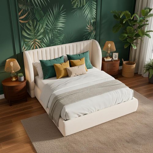 Lit Coffre-complet Avec Tête De Lit Modulable Cocon 140x200cm Tissu Beige