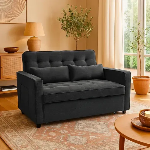 Canapé Convertible 2 Places Komaria Velours Côtelé Noir