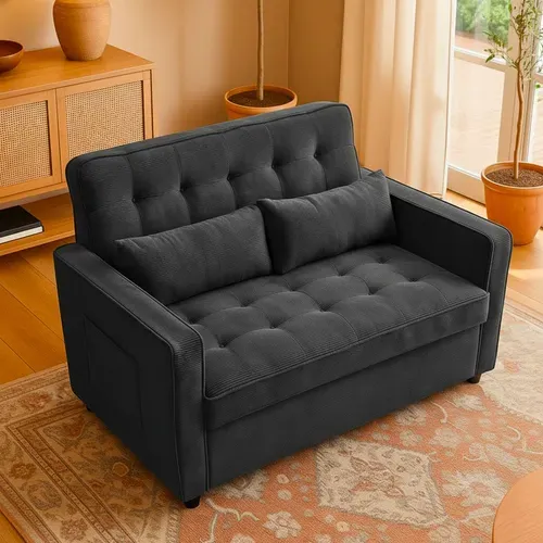 Canapé Convertible 2 Places Komaria Velours Côtelé Noir