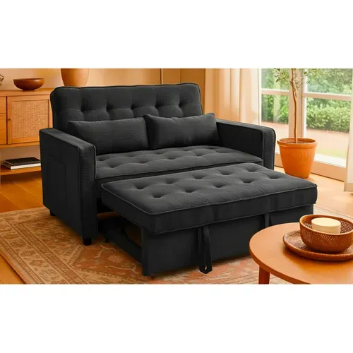 Canapé Convertible 2 Places Komaria Velours Côtelé Noir