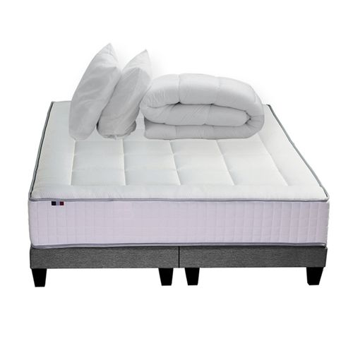 Ensemble Matelas Ressort 7 Zones Prestige + Sommier Gris Chine + Oreiller et Couette 180x200