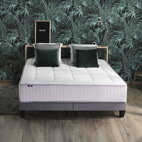 Ensemble Matelas Ressort 7 Zones Prestige + Sommier Gris Chine + Oreiller et Couette 180x200