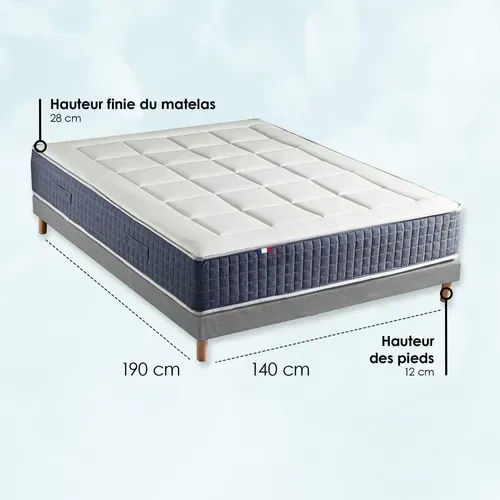 Ensemble Matelas Ressort 7 Zones + Mémoire De Forme + Sommier + Couette + Oreillers 140x190 Gris