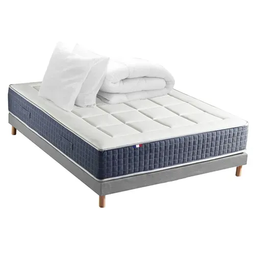 Ensemble Matelas Ressort 7 Zones + Mémoire De Forme + Sommier + Couette + Oreillers 160x200 Gris